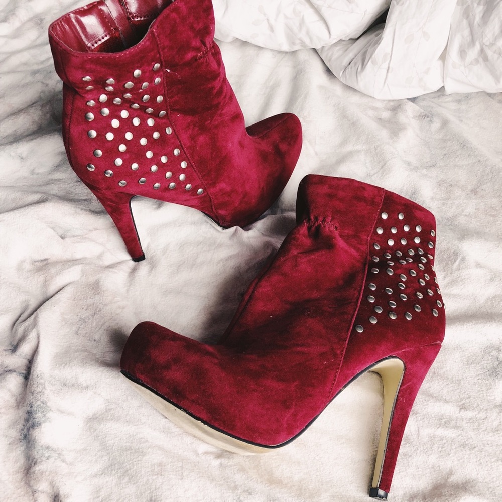 Velvety, Maroon, Studded Booties